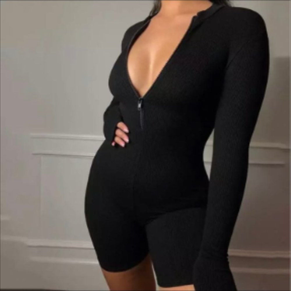 Knitted Rib Long Sleeve Black Jumpsuit